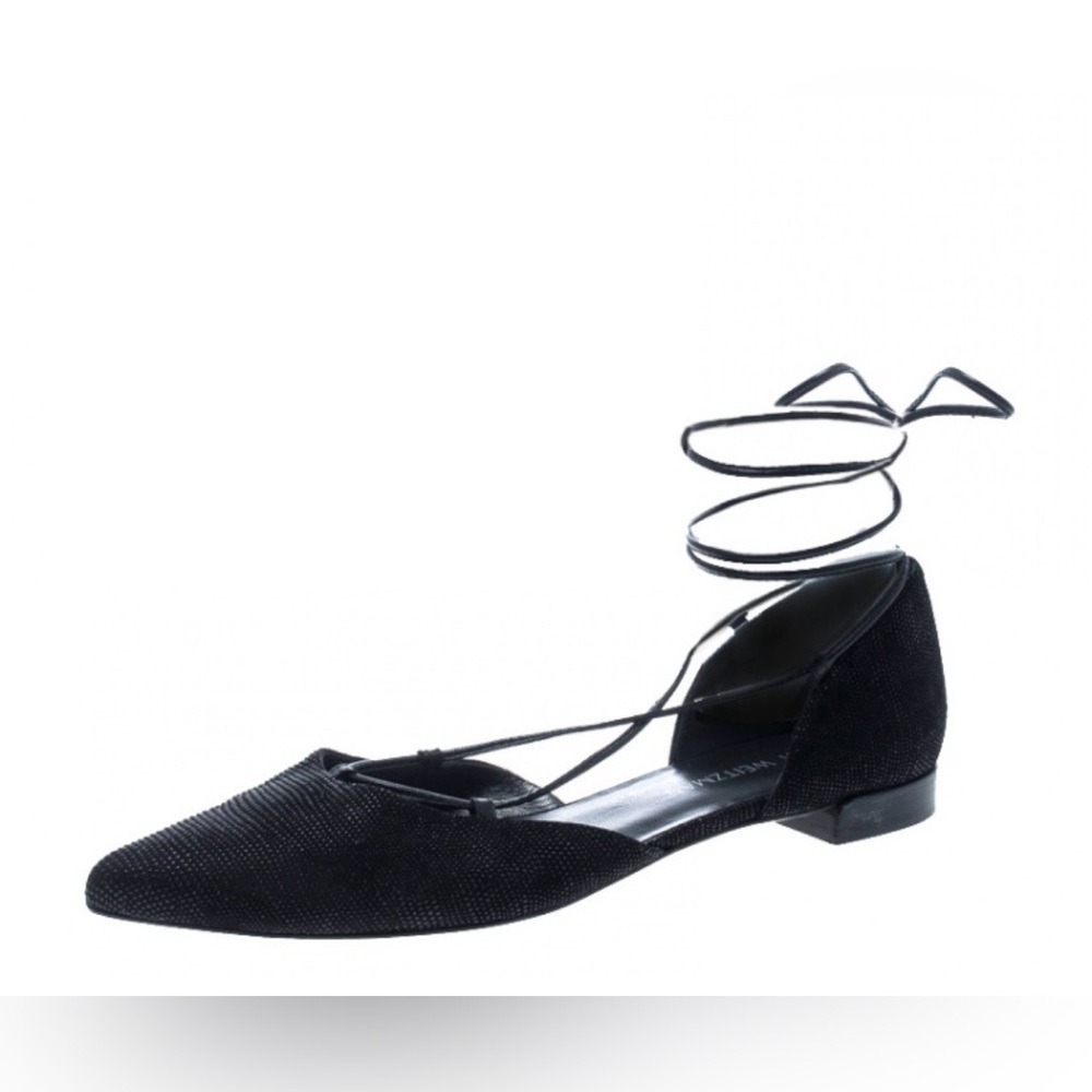 STUART WEITZMAN Black Suede Flat Pointed Toe Lace Up Ballet Women's 8.5